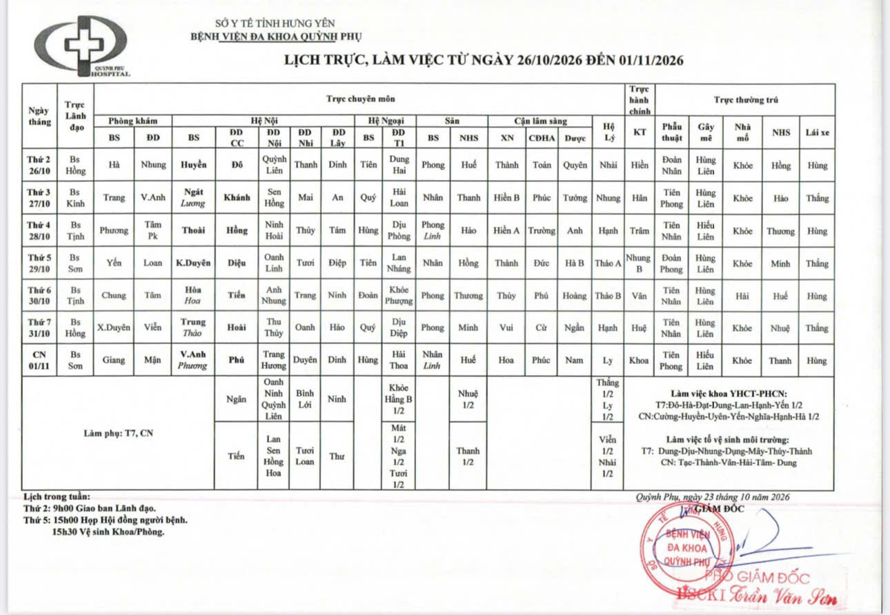 LỊCH TRỰC, LÀM VIỆC TỪ NGÀY 26/10/2026 ĐẾN NGÀY 01/11/2026 LỊCH TRỰC, LÀM VIỆC TỪ NGÀY 26/10/2026 ĐẾN NGÀY 01/11/2026